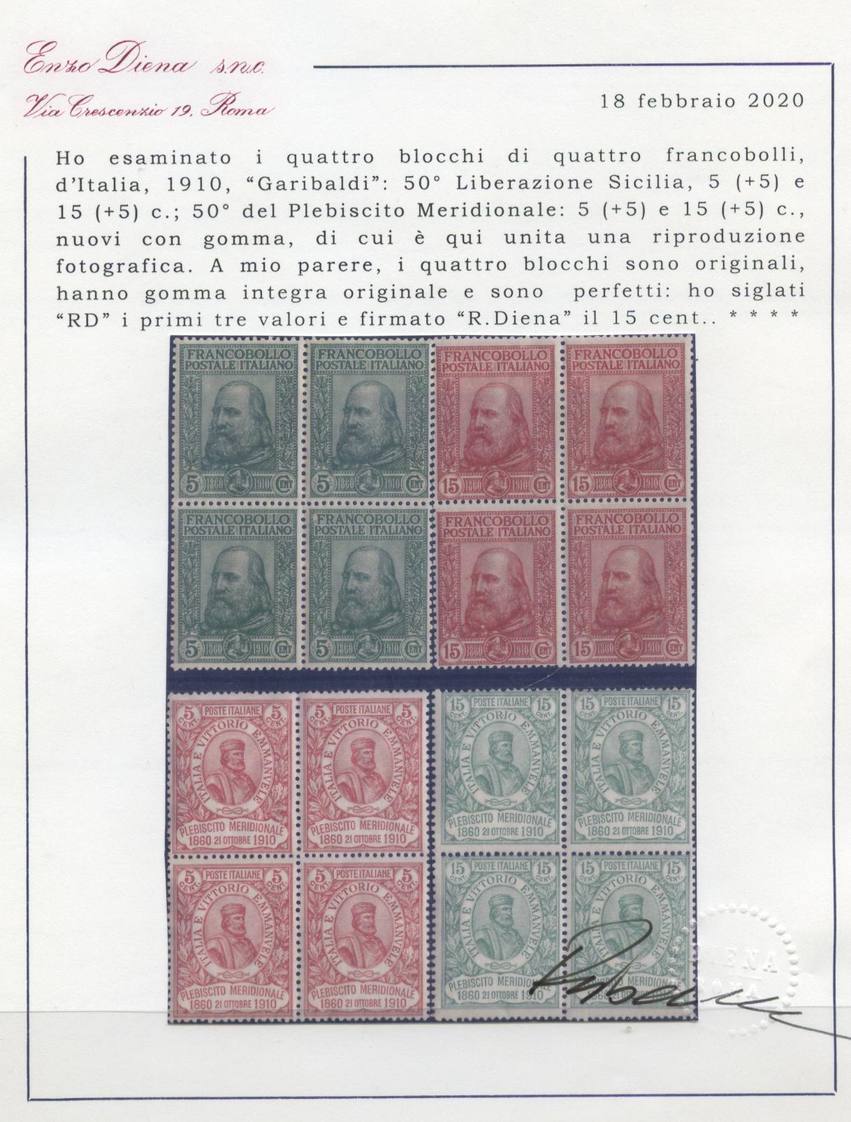 Scansione lotto: REGNO 1910 GARIBALDI 4V. QUARTINA ** LUSSO CERT.