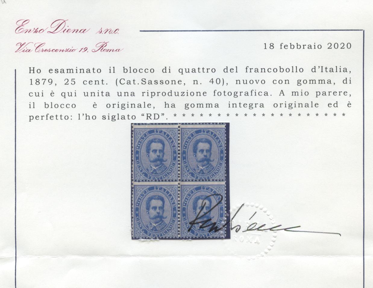 Scansione lotto: REGNO 1879 25C. QUARTINA ** CENTRATO CERT.