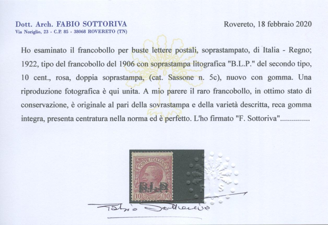 Scansione lotto: REGNO 1922 BLP 10C. II TIPO doppia sovr. **  CERT.