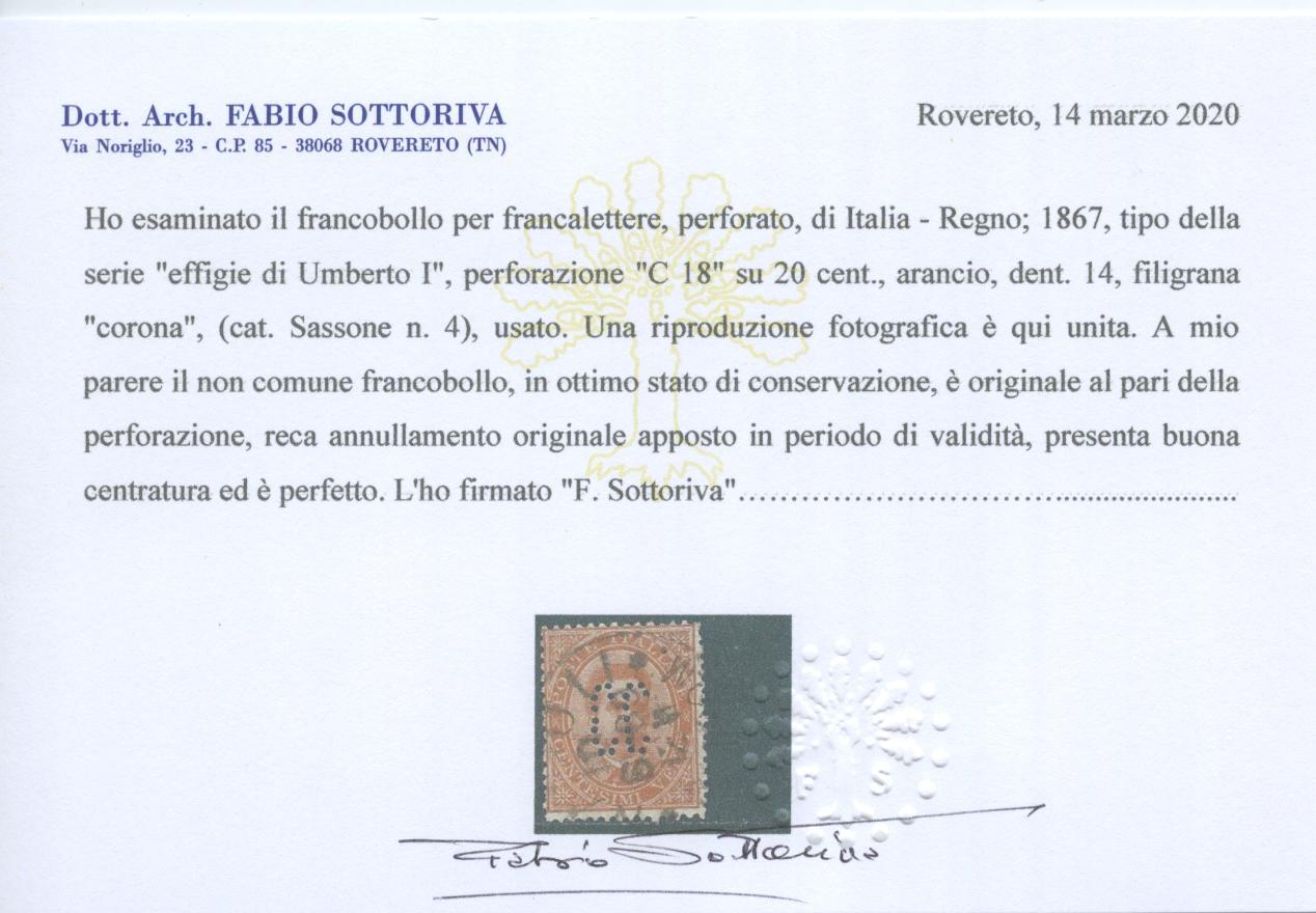 Scansione lotto: REGNO 1889 20C. PERFORATO CC 2 US.  CERT.