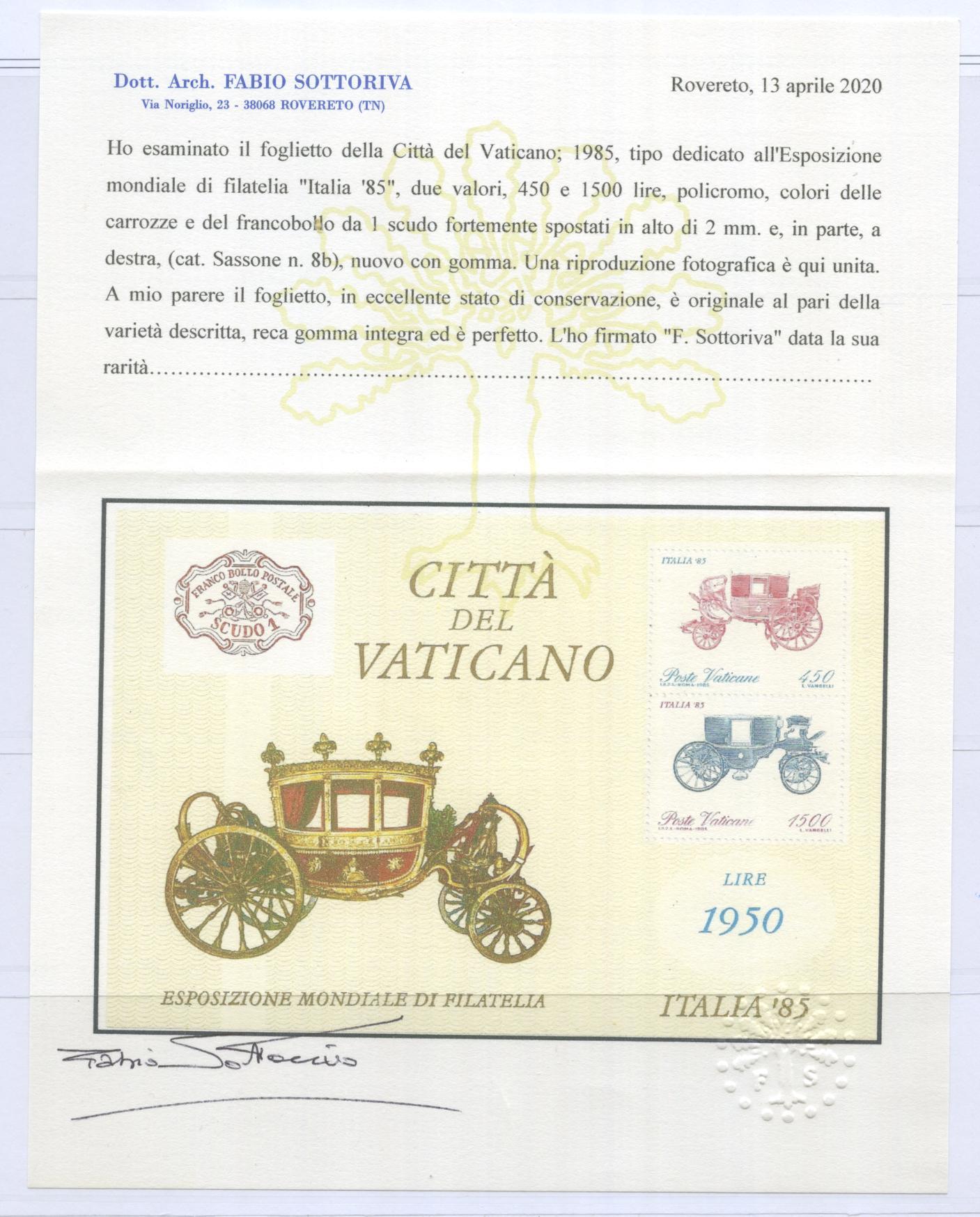 Scansione lotto: VATICANO 1985 BF VARIETA N.8b **  CERT.