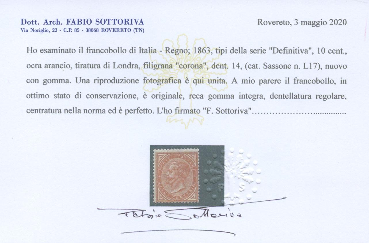 Scansione lotto: REGNO 1863 10C. LONDRA 3 **  CERT.