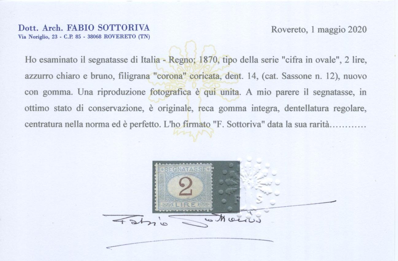 Scansione lotto: REGNO 1870 TASSE L.2 **  CERT.