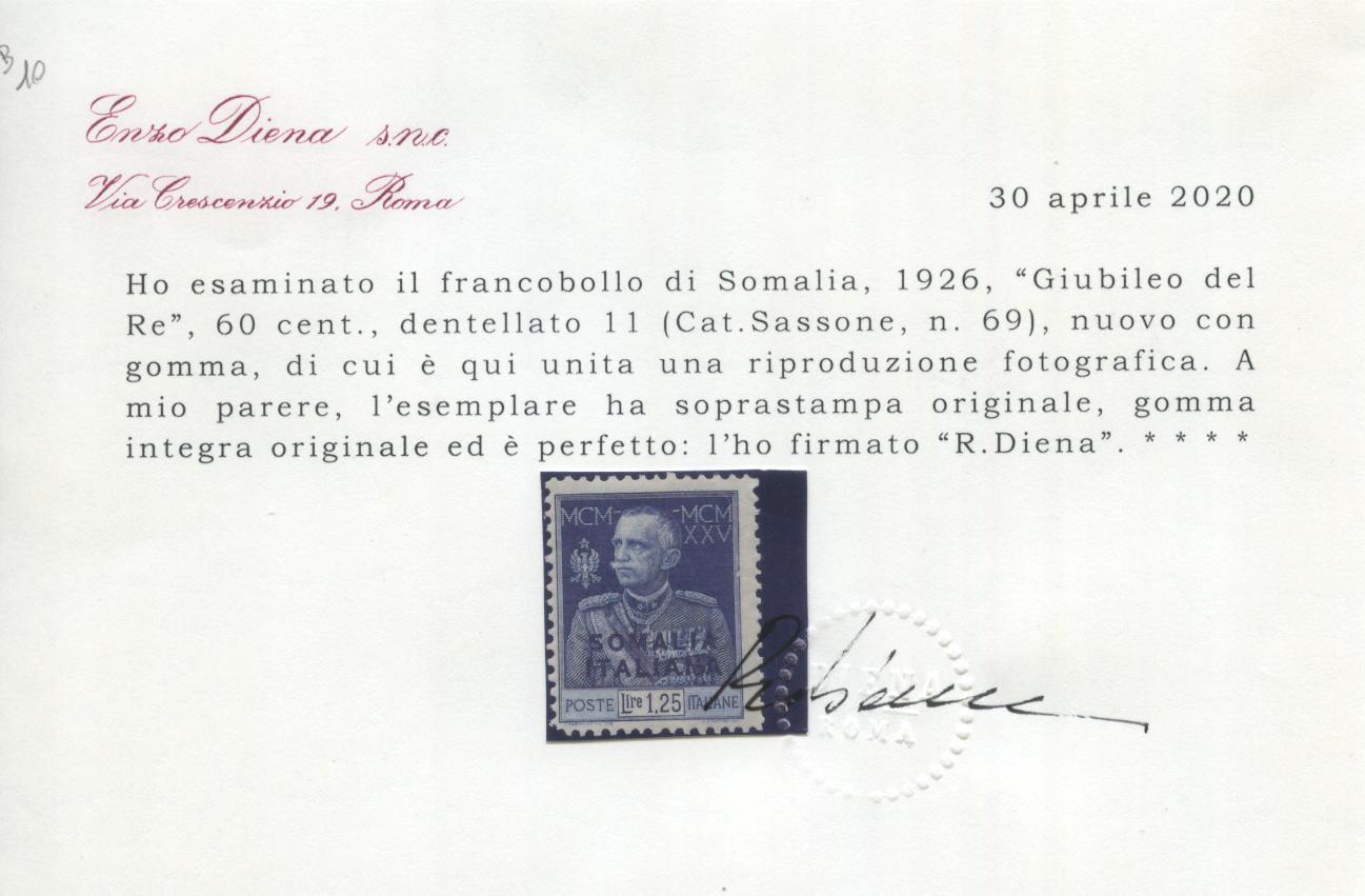 Scansione lotto: COLONIE SOMALIA 1925 GIUBILEO RARO L.1,25 3 **  CERT.