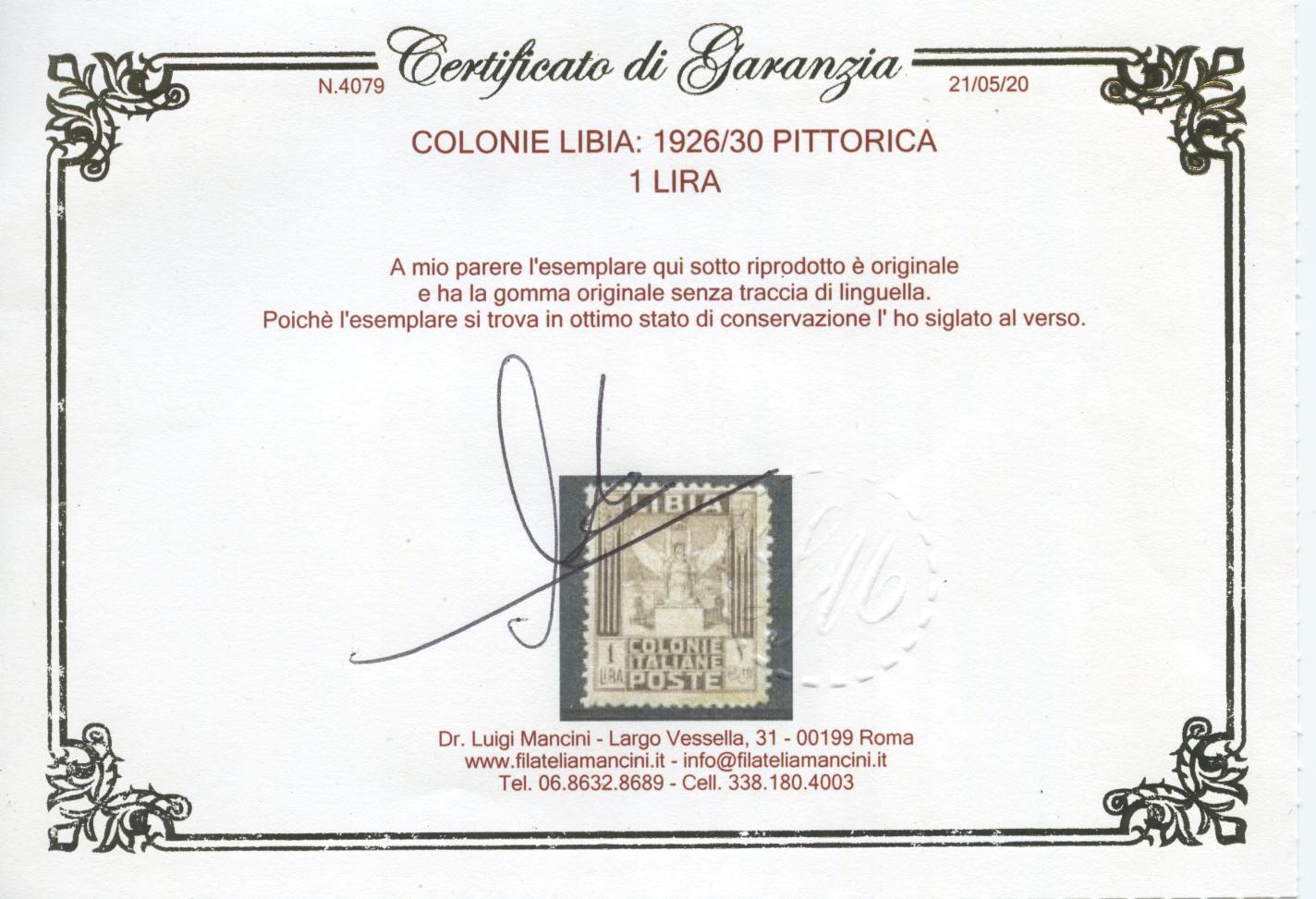 Scansione lotto: COLONIE LIBIA 1926/30 PITTORICA L.1 **  CERT.