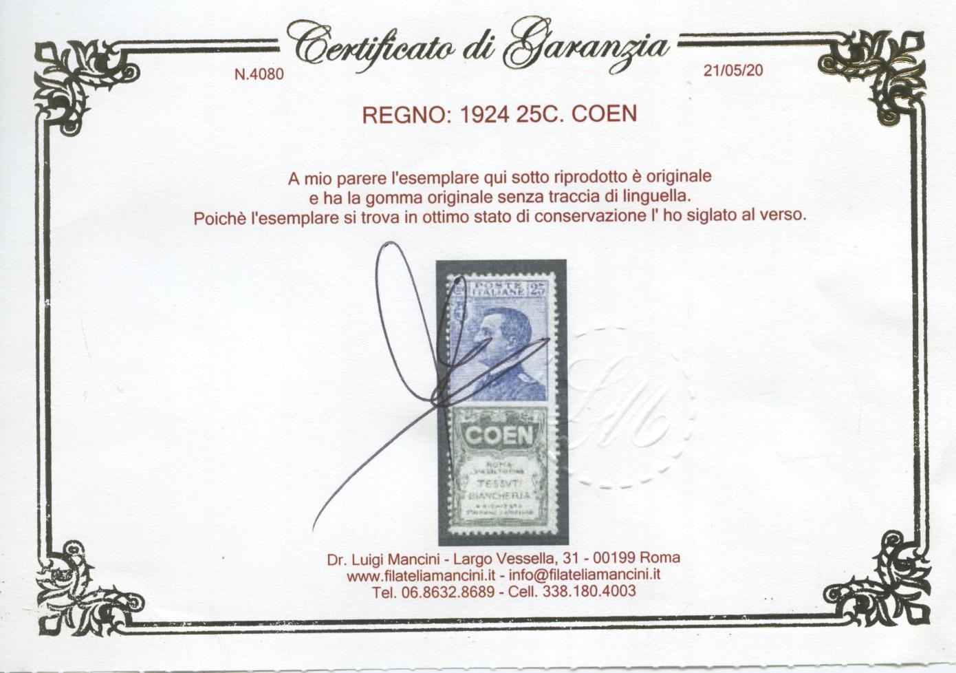 Scansione lotto: REGNO 1924 25C. COEN **  CERT.