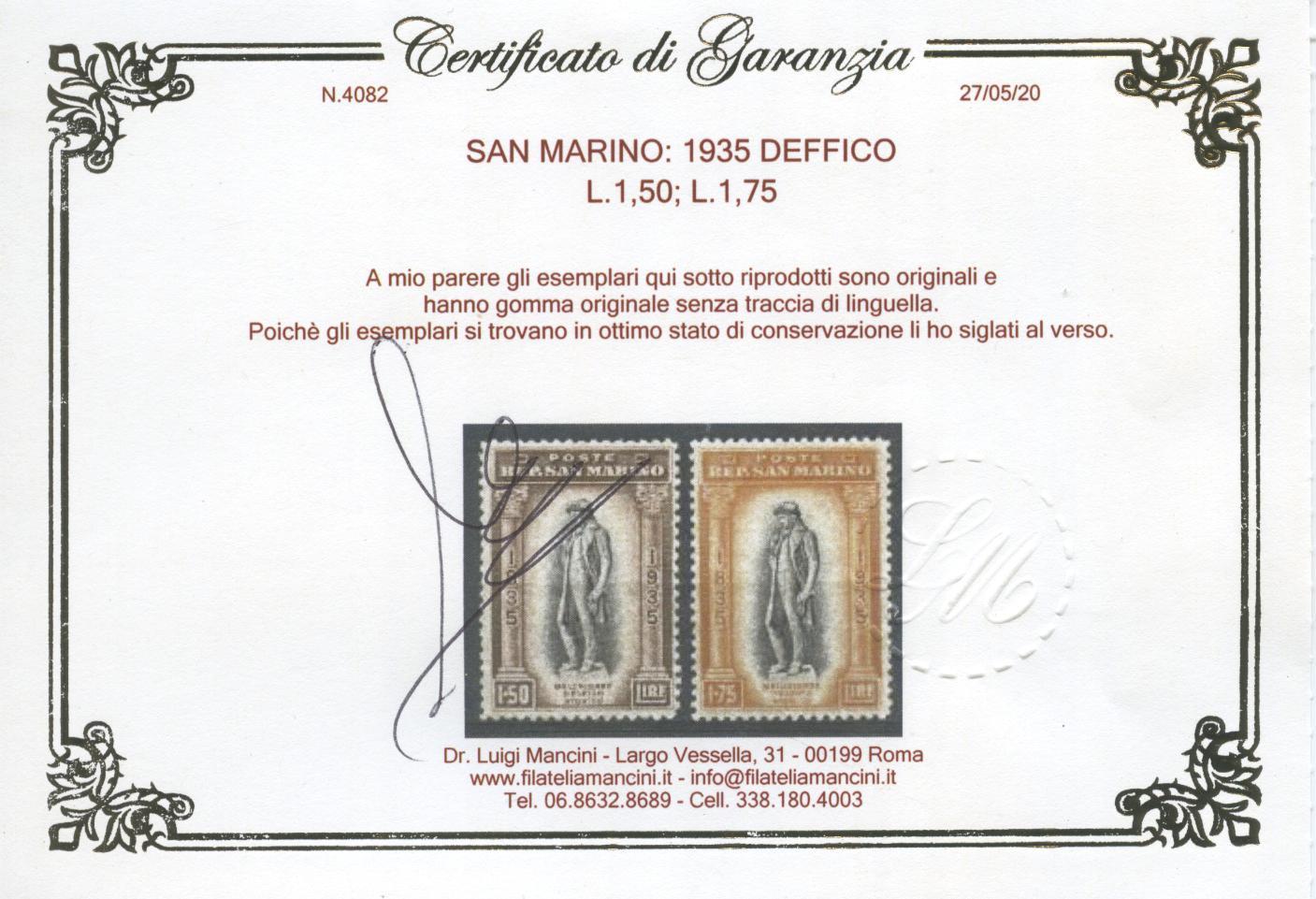 Scansione lotto: SAN MARINO 1935 DELFICO 12V. 2 ** LUSSO CERT.