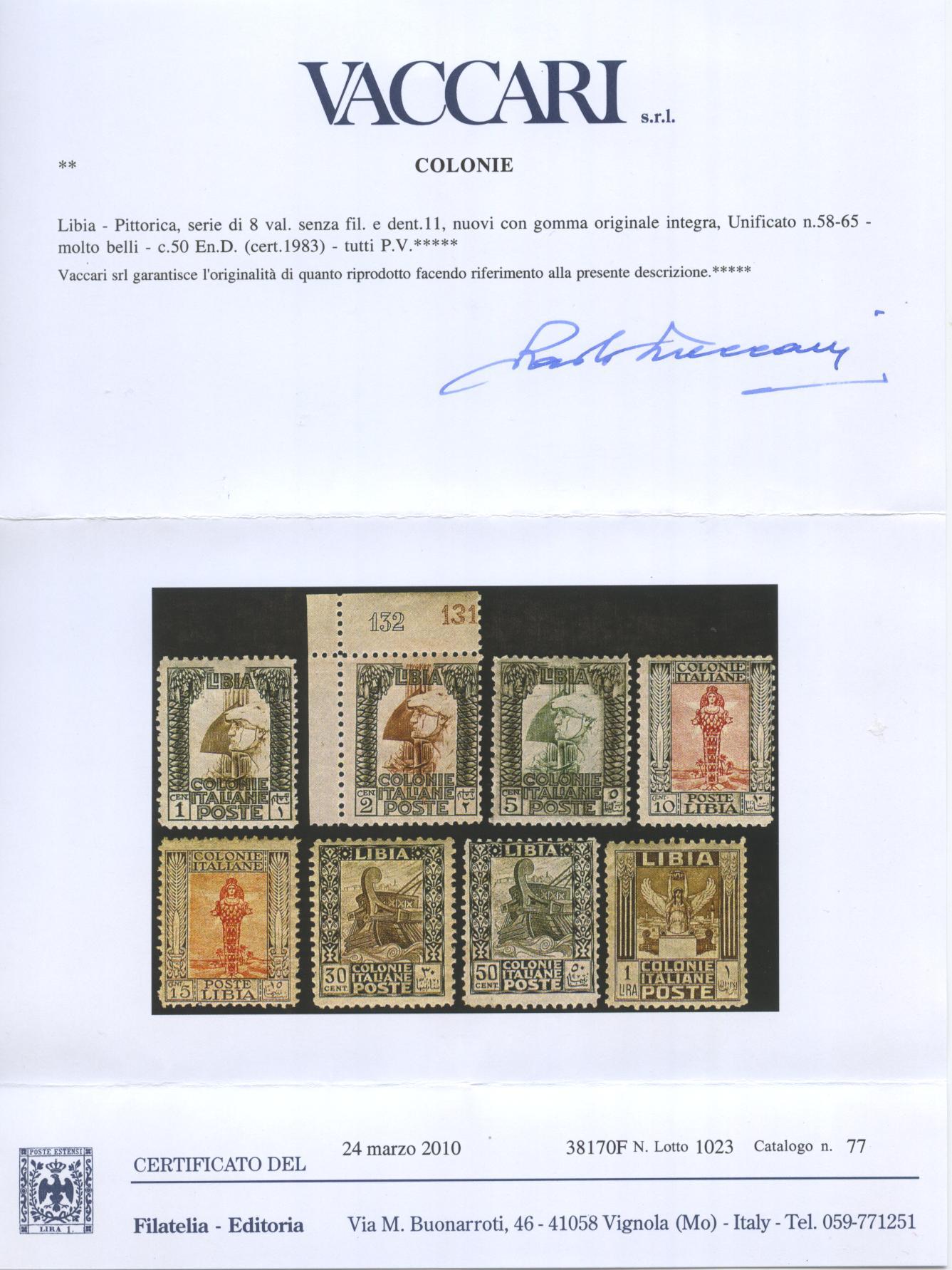 Scansione lotto: COLONIE LIBIA 1926/30 PITTORICA 8V. 2 ** CENTRATO CERT.