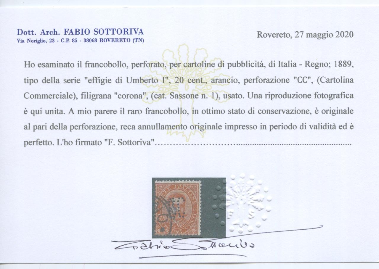 Scansione lotto: REGNO 1889 20C. PERFORATO CC US.  CERT.