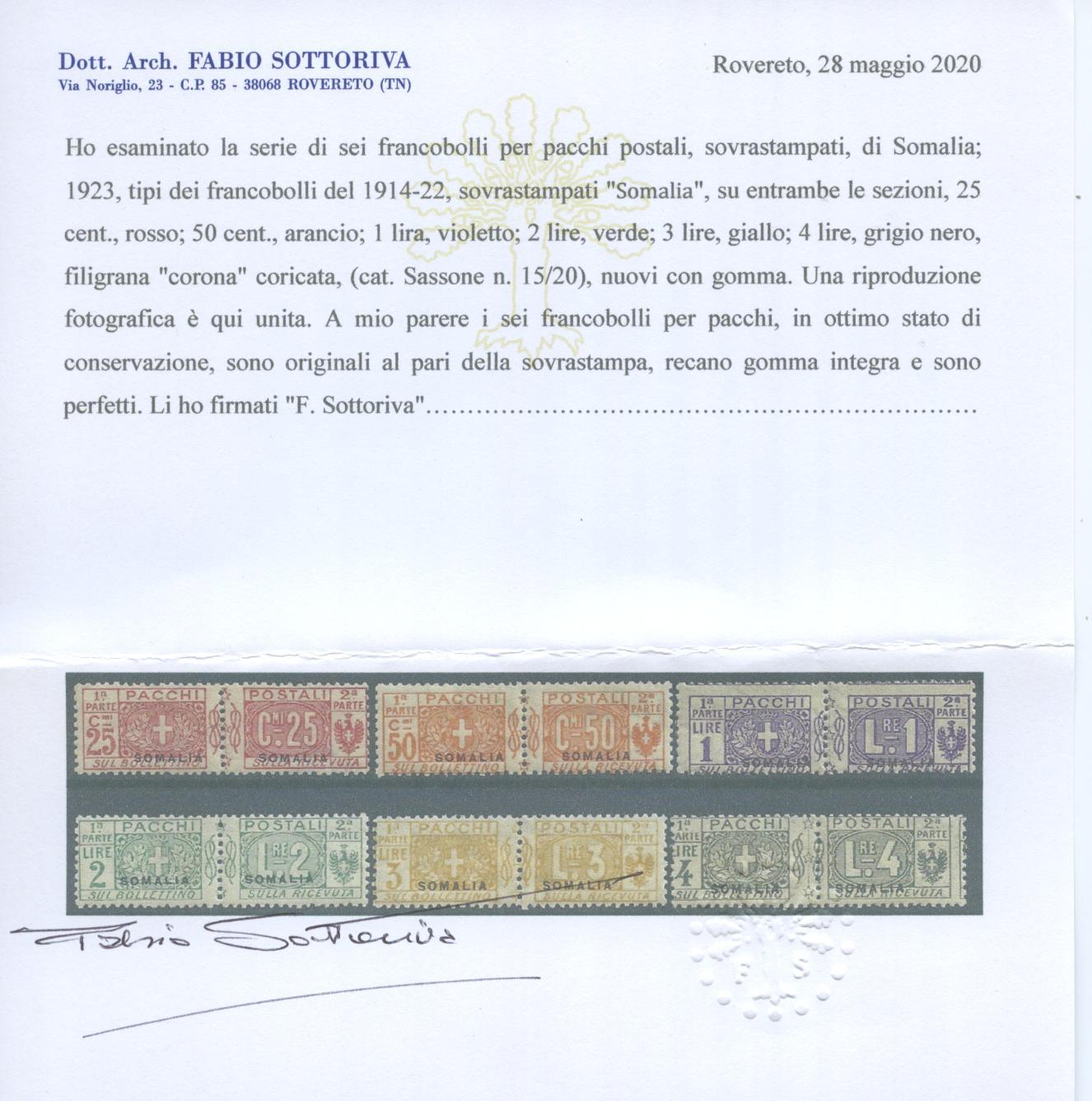 Scansione lotto: COLONIE SOMALIA 1923 PACCHI 6V. **  CERT.