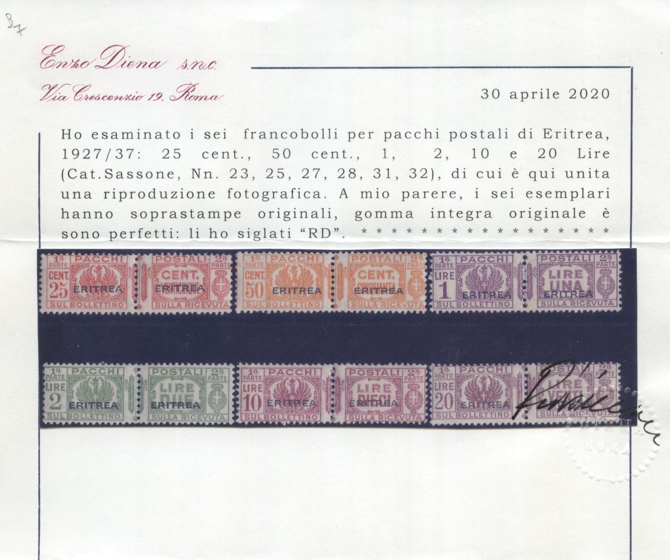 Scansione lotto: COLONIE ERITREA 1928/37 PACCHI 10V. ** CENTRATO CERT.