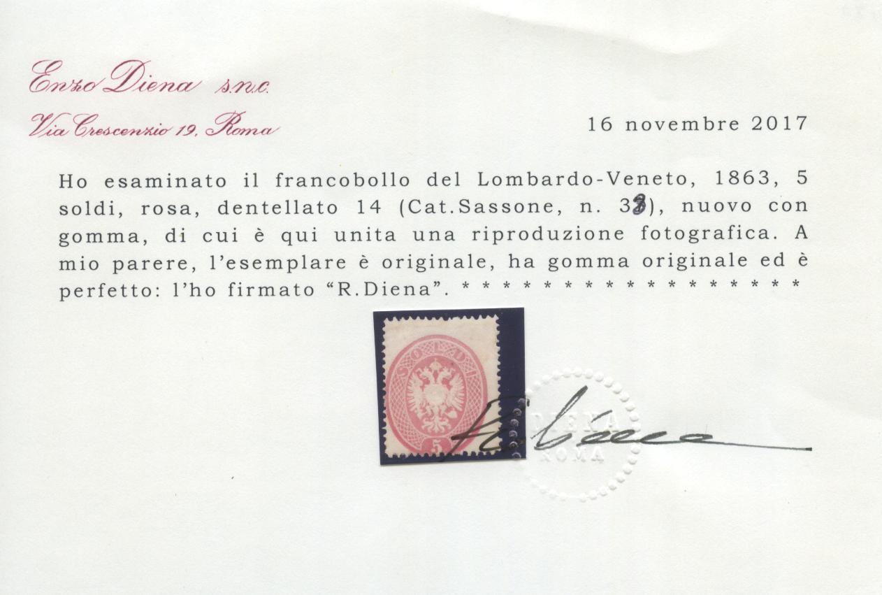 Scansione lotto: LOMBARDO VENETO 1863 5C. ROSA *  CERT.