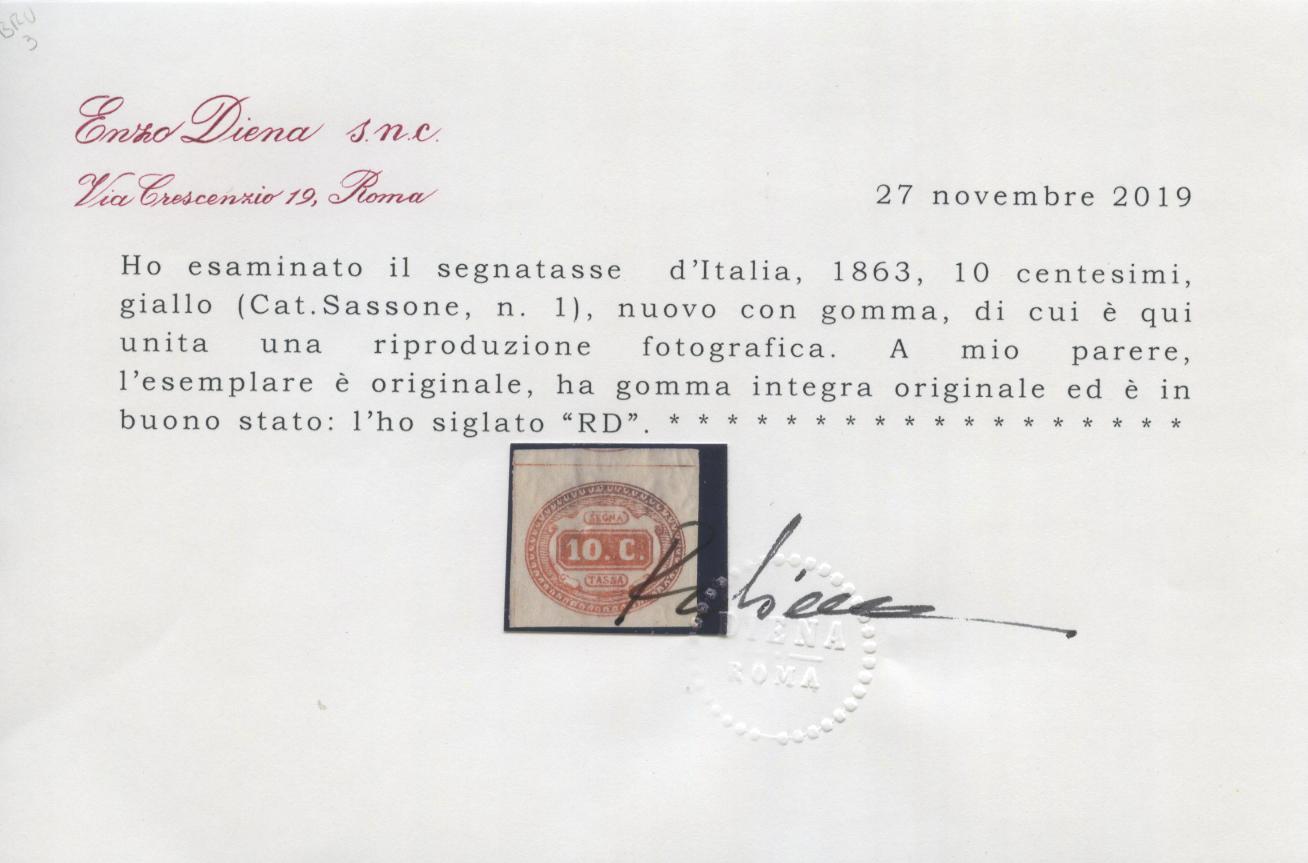 Scansione lotto: REGNO 1863 TASSE 10C. GIALLO 2 **  CERT.