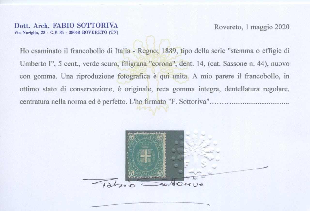 Scansione lotto: REGNO 1889 5C. VERDE **  CERT.