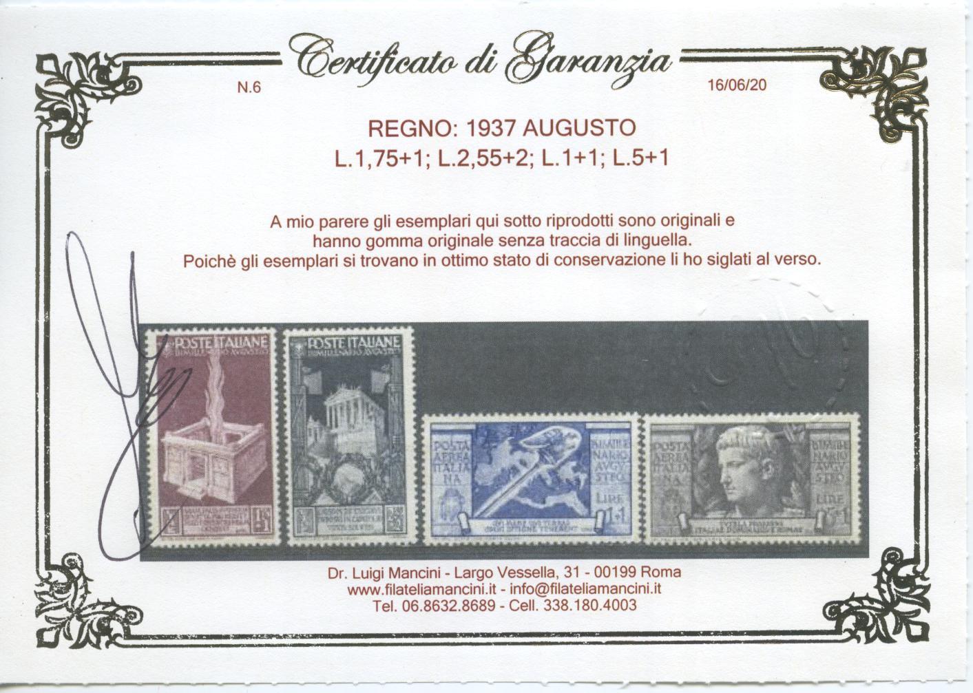 Scansione lotto: REGNO 1937 AUGUSTO 15V. 2 **  CERT.