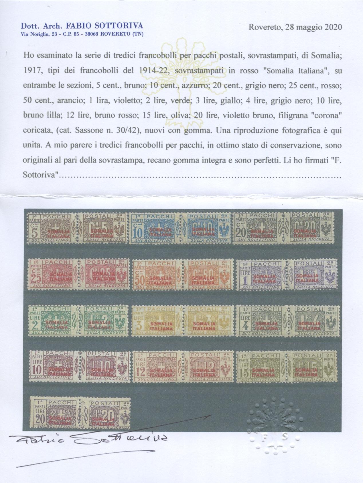 Scansione lotto: COLONIE SOMALIA 1926 PACCHI 13V. 2 ** CENTRATO CERT.