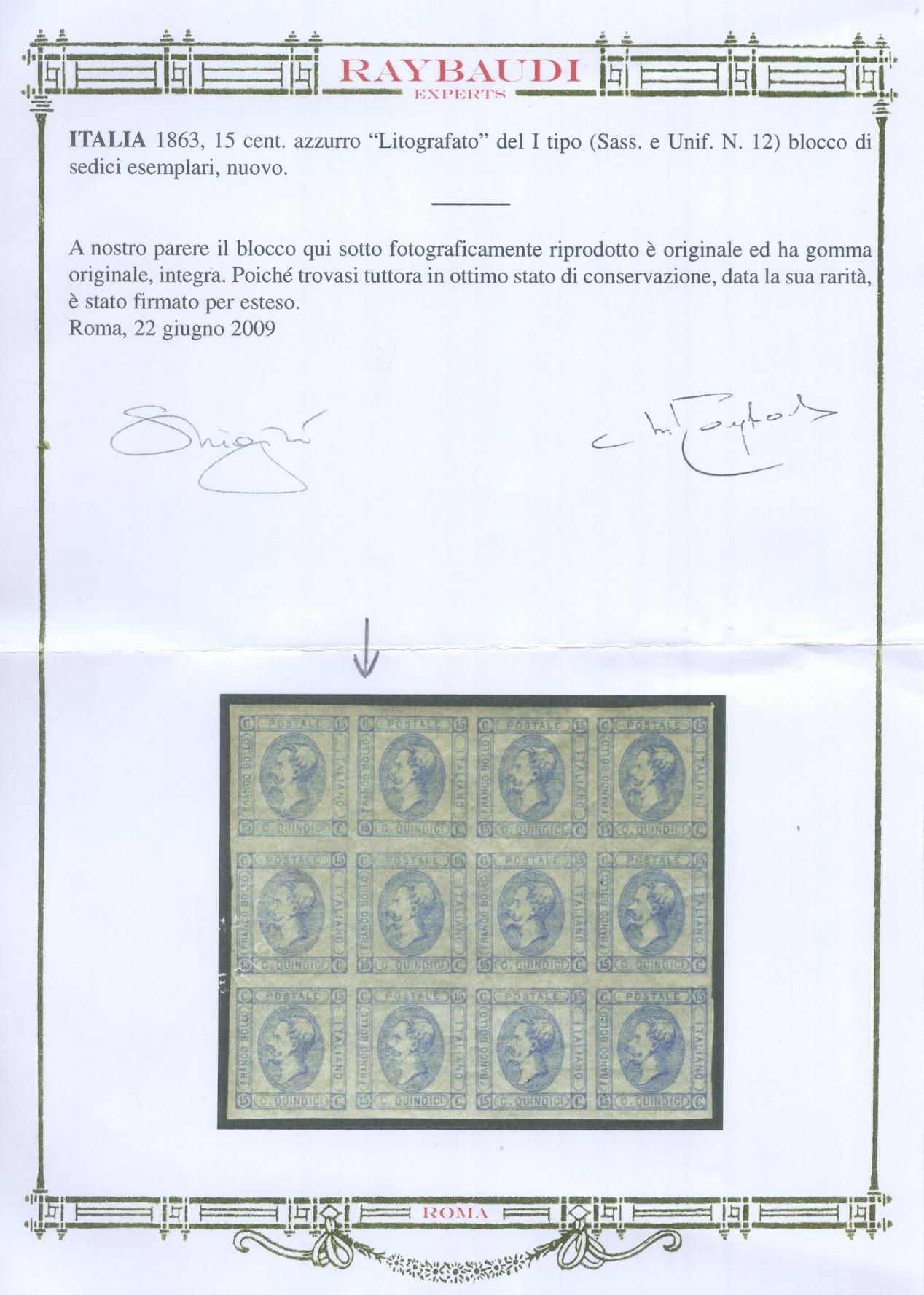 Scansione lotto: REGNO 1863 15C. I TIPO QUARTINA 2 ** LUSSO CERT.