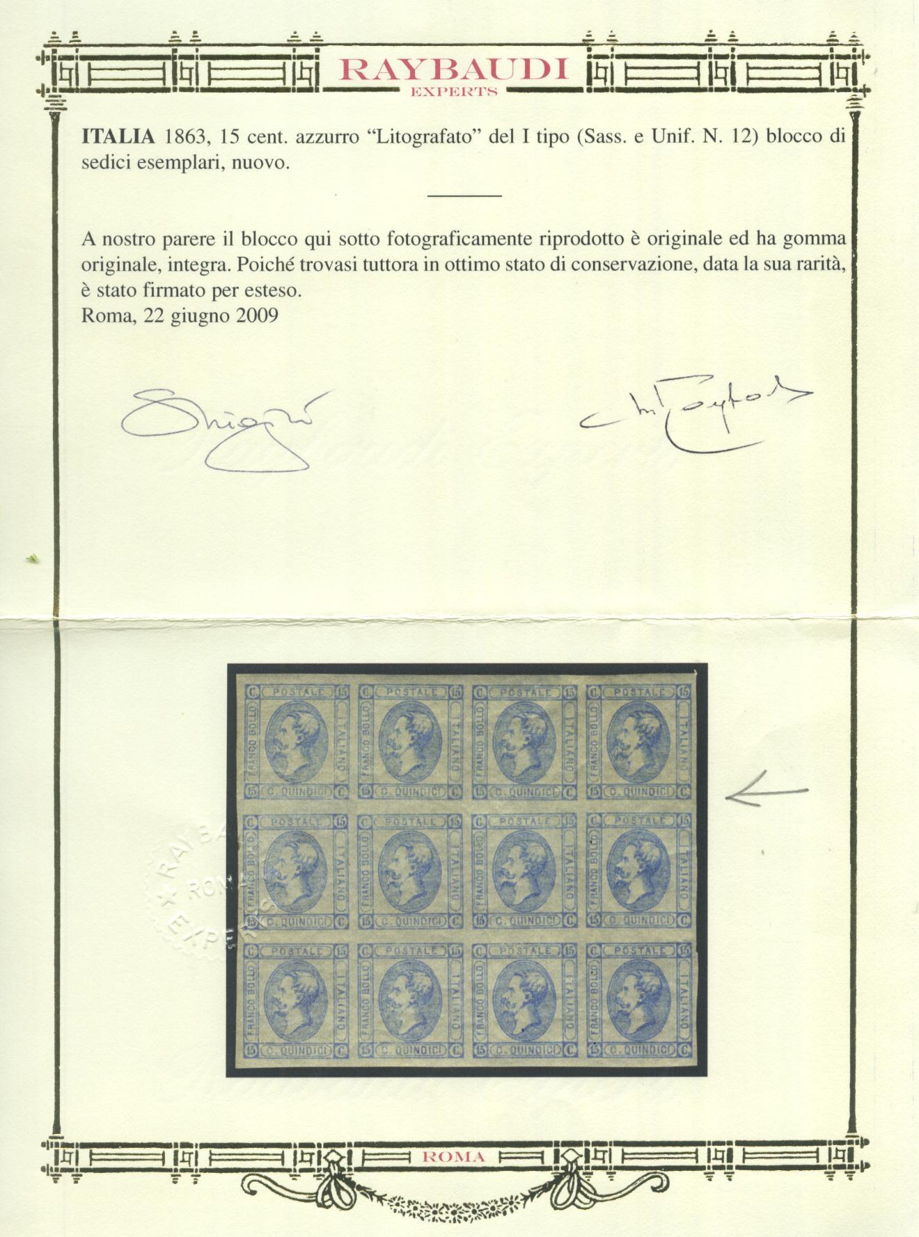 Scansione lotto: REGNO 1863 15C. I TIPO QUARTINA 3 ** LUSSO CERT.