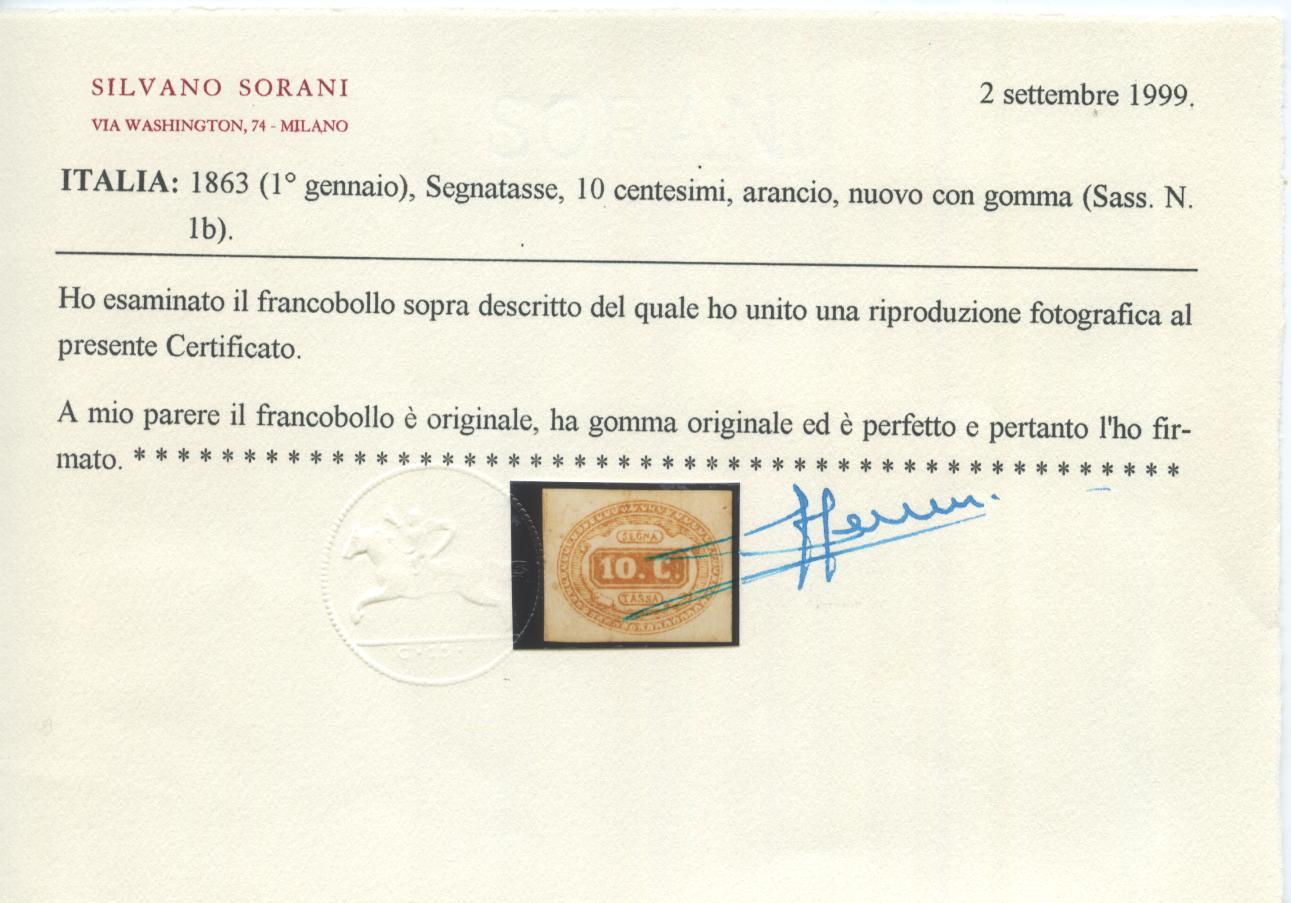 Scansione lotto: REGNO 1863 TASSE 10C. ARANCIO *  CERT.