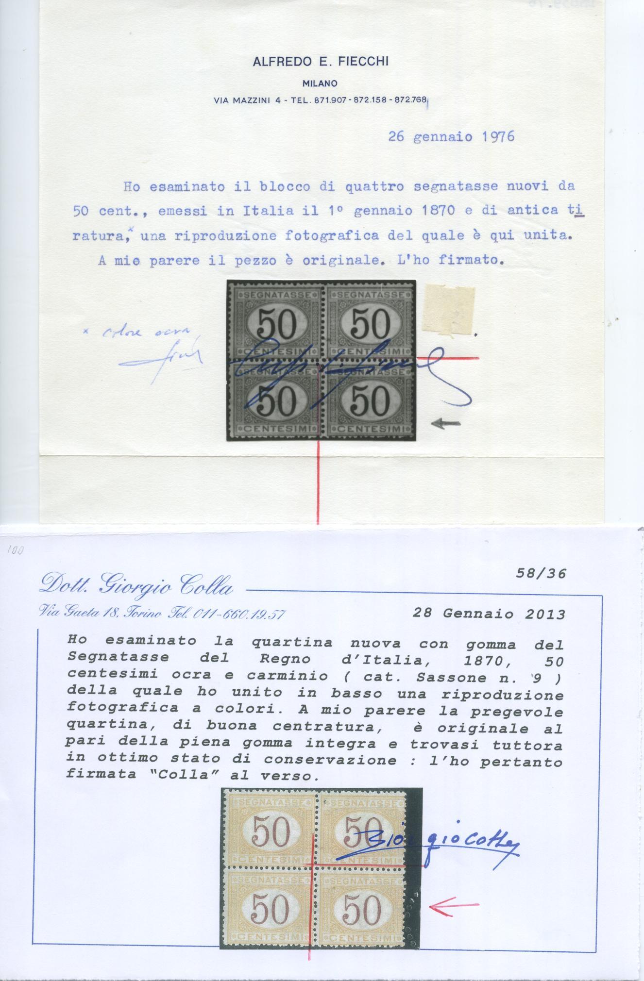 Scansione lotto: REGNO 1870 TASSE C.50 ** CENTRATO CERT.