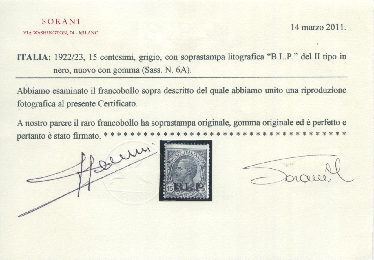 Scansione lotto: REGNO 1922 BLP 15C. N.6A *  CERT.