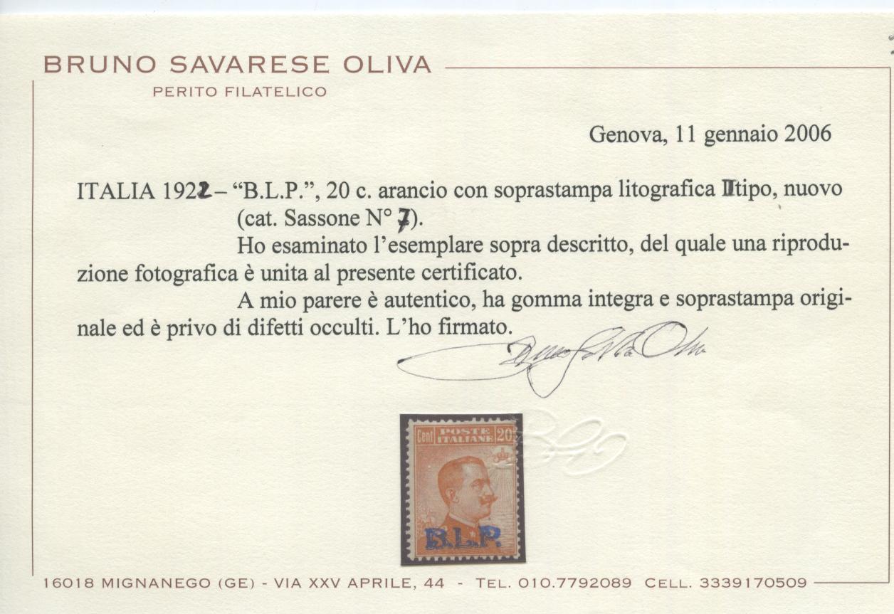 Scansione lotto: REGNO 1922 BLP 20C. II TIPO 2 **  CERT.