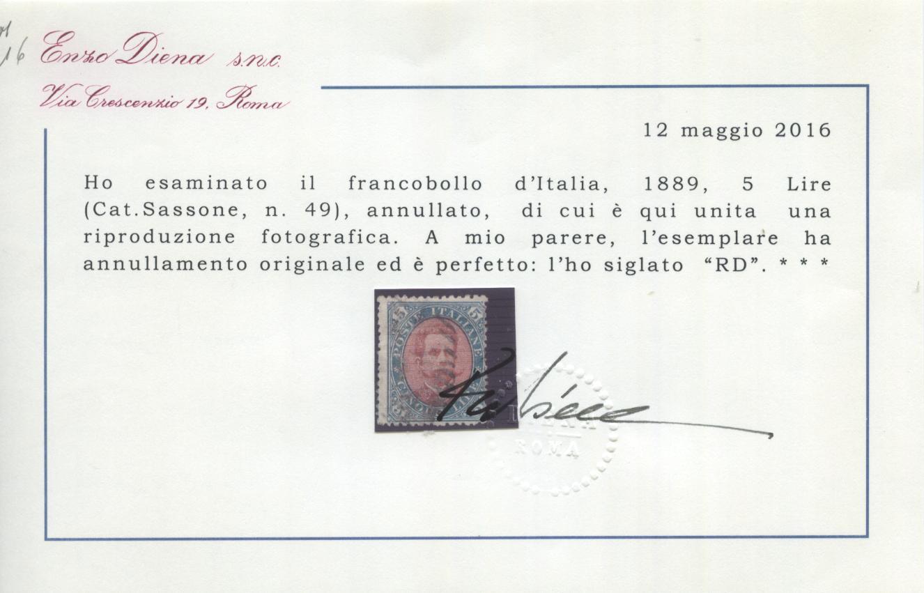 Scansione lotto: REGNO 1889 L.5 2 US.  CERT.