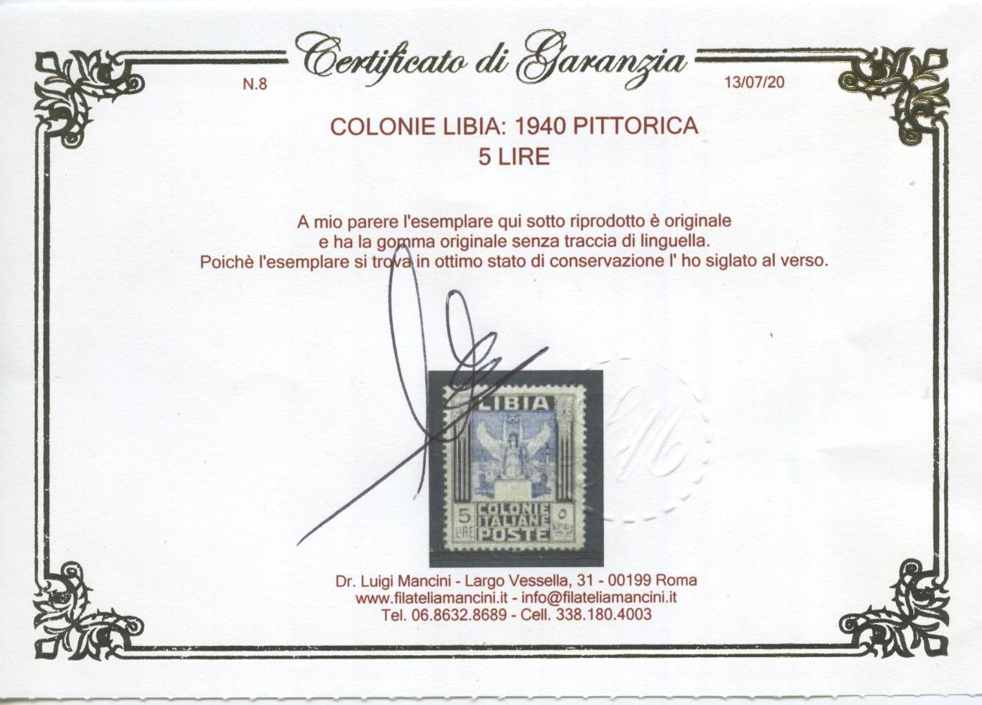 Scansione lotto: COLONIE LIBIA 1940 PITTORICA L.5 2 ** LUSSO CERT.