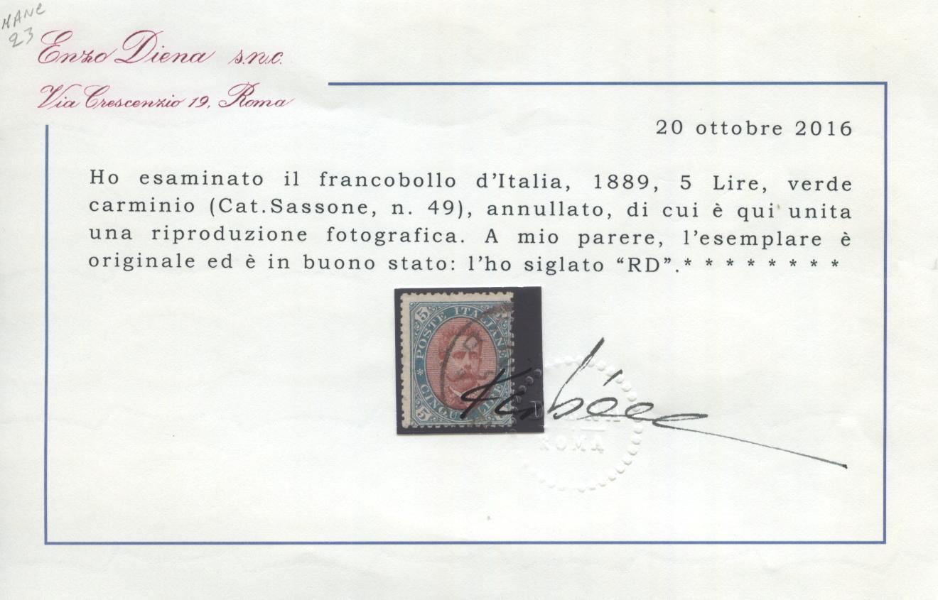 Scansione lotto: REGNO 1889 L.5 4 US.  CERT.