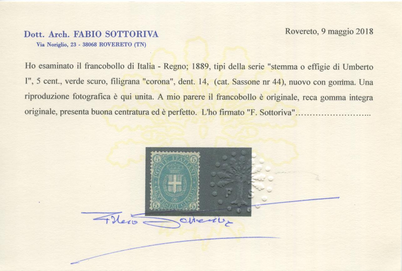 Scansione lotto: REGNO 1889 5C. VERDE ** CENTRATO CERT.