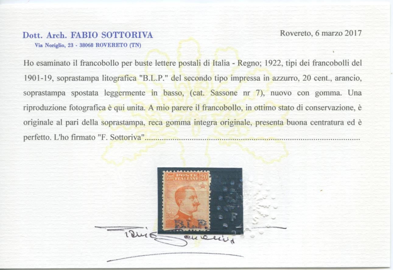 Scansione lotto: REGNO 1922 BLP 20C. II TIPO 2 ** CENTRATO CERT.