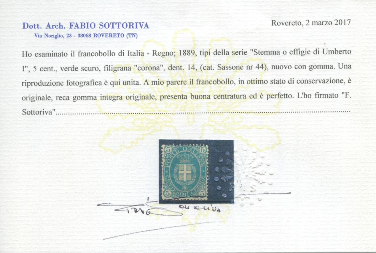 Scansione lotto: REGNO 1889 5C. VERDE 3 ** CENTRATO CERT.