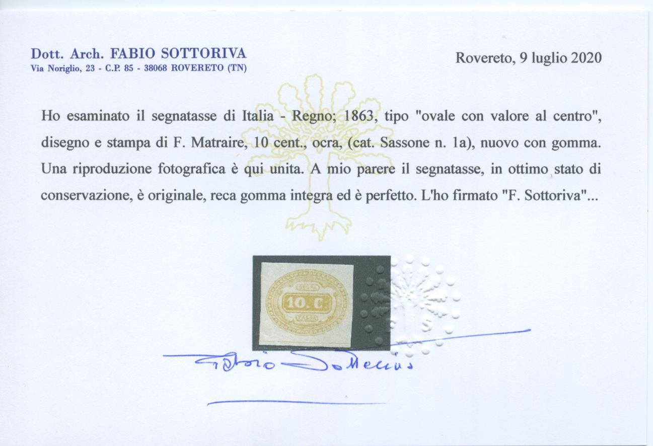 Scansione lotto: REGNO 1863 TASSE 10C. OCRA **  CERT.