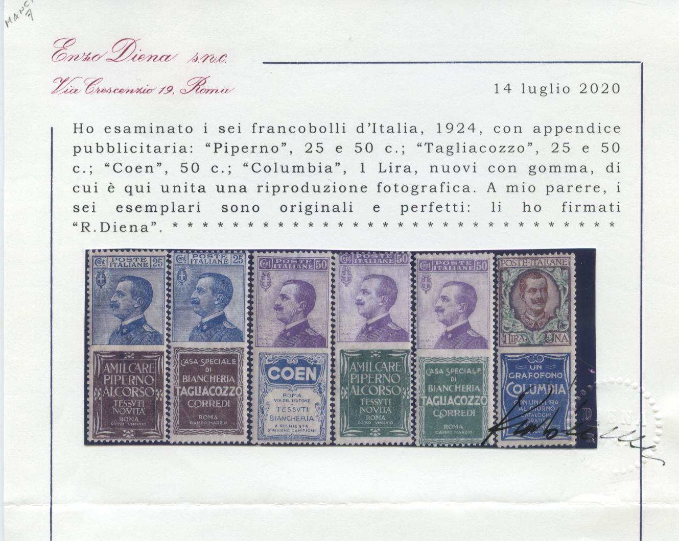 Scansione lotto: REGNO 1924 PUBBLICITARI CPL. 21V. 2 ** CENTRATO CERT.