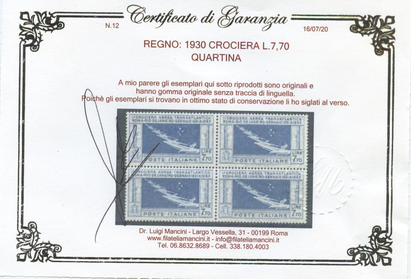 Scansione lotto: REGNO 1930 CROCIERA L.7,70 X4 ** CENTRATO CERT.