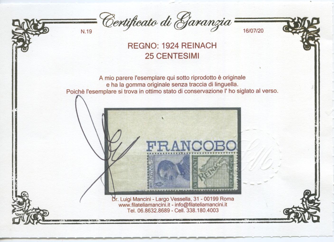 Scansione lotto: REGNO 1924 25C. REINACH 3 ** LUSSO CERT.