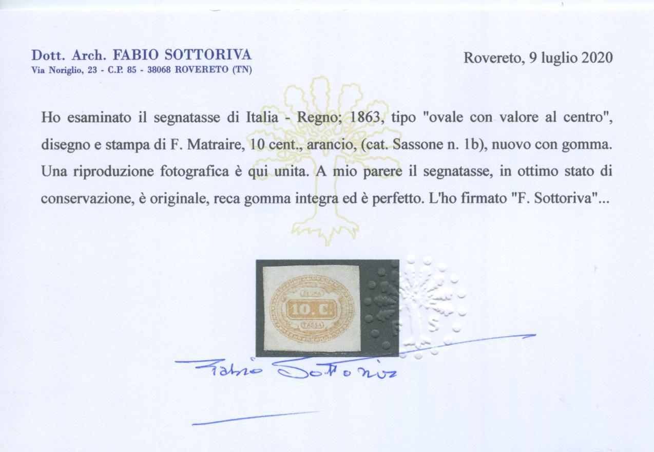 Scansione lotto: REGNO 1863 TASSE 10C. ARANCIO **  CERT.