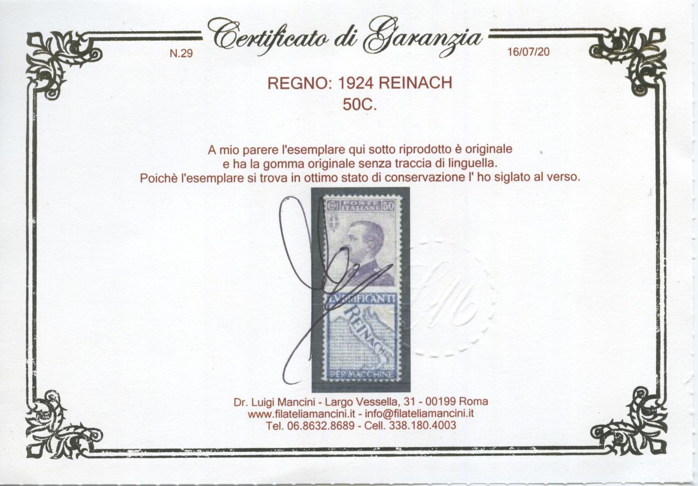 Scansione lotto: REGNO 1924 50C. REINACH 3 ** CENTRATO CERT.