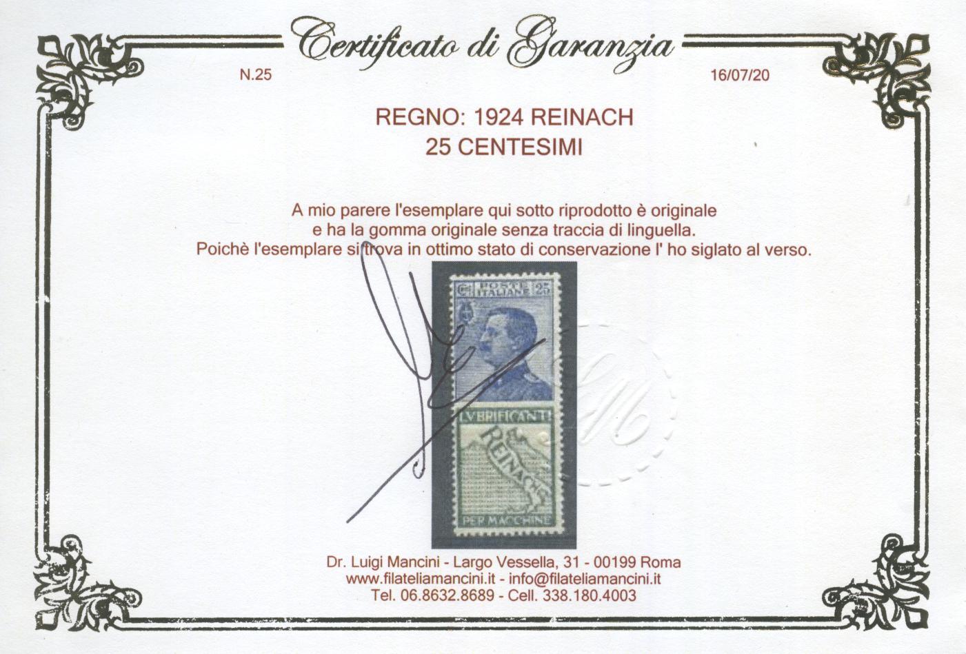 Scansione lotto: REGNO 1924 25C. REINACH ** CENTRATO CERT.