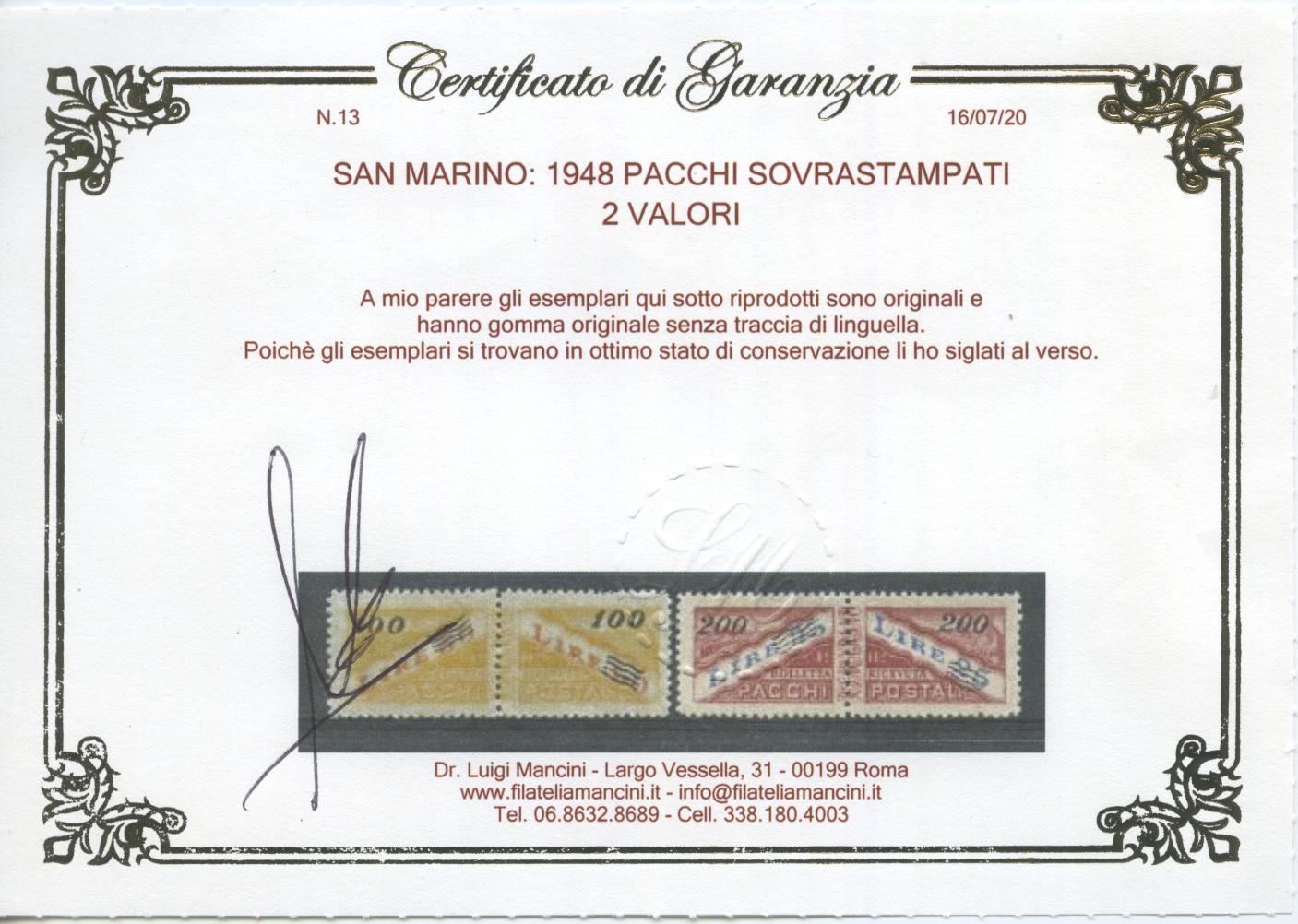 Scansione lotto: SAN MARINO 1948 PACCHI SOVR. 2V. ** LUSSO CERT.