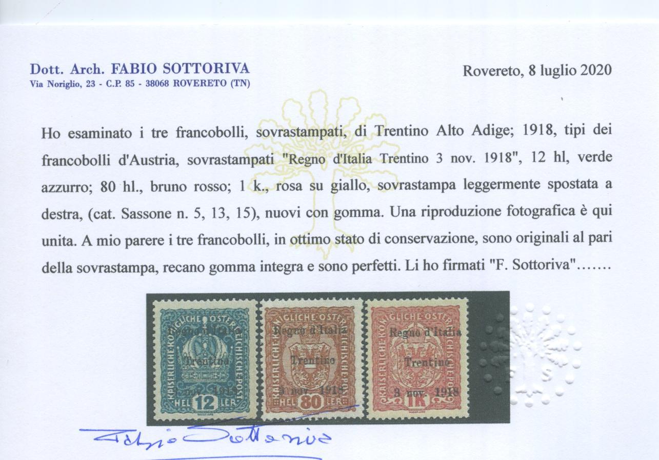 Scansione lotto: OCCUPAZIONI TRENTINO 1918 CPL. 14V. 3 ** CENTRATO CERT.