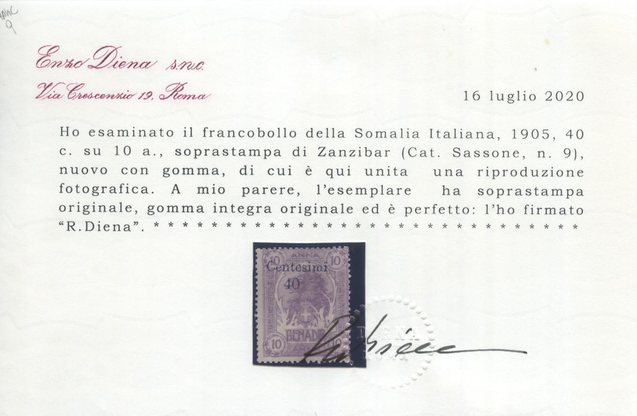 Scansione lotto: COLONIE SOMALIA 1905 ZANZIBAR N.9 **  CERT.