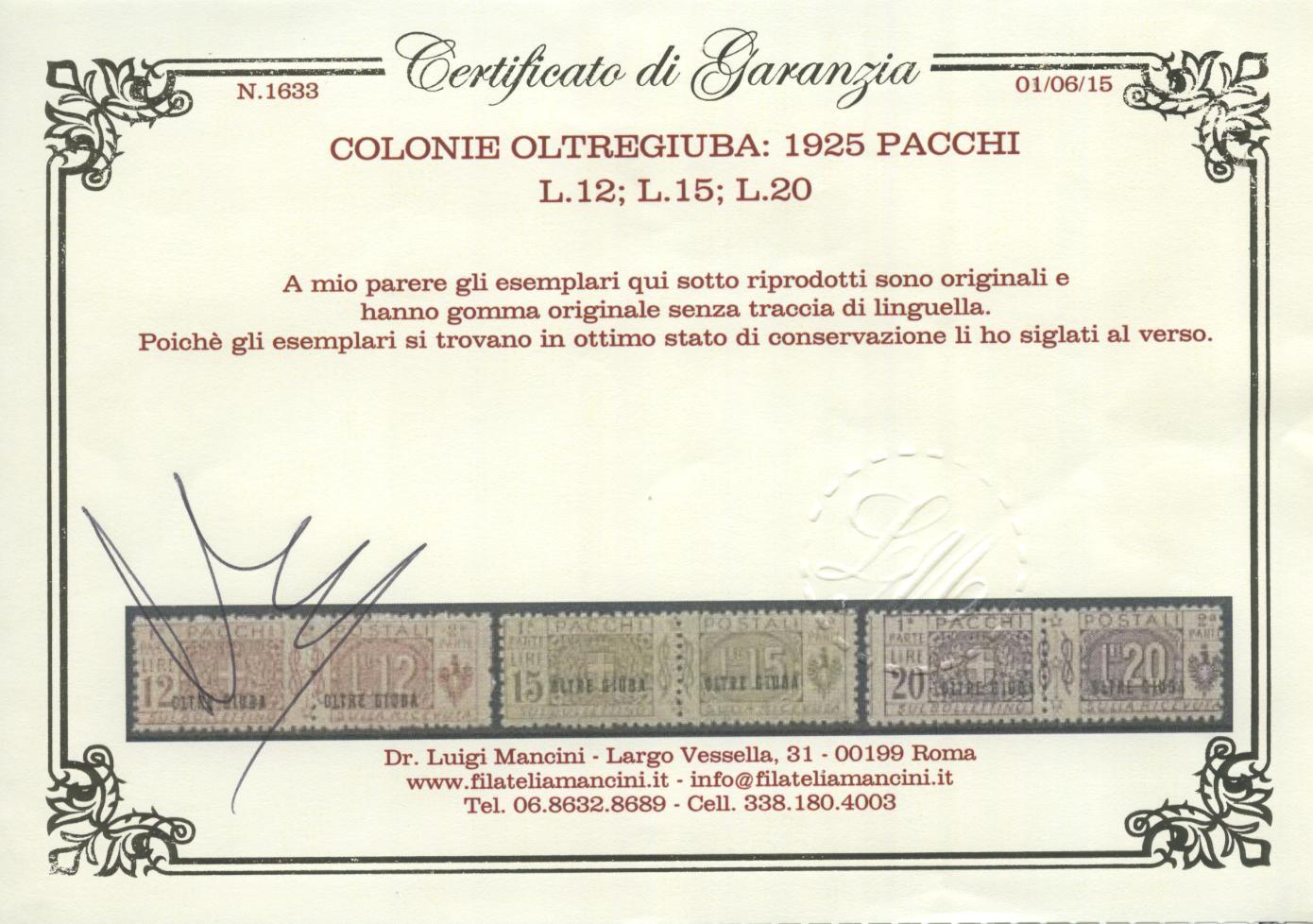 Scansione lotto: COLONIE OLTREGIUBA 1925 PACCHI 13V. 3 **  CERT.