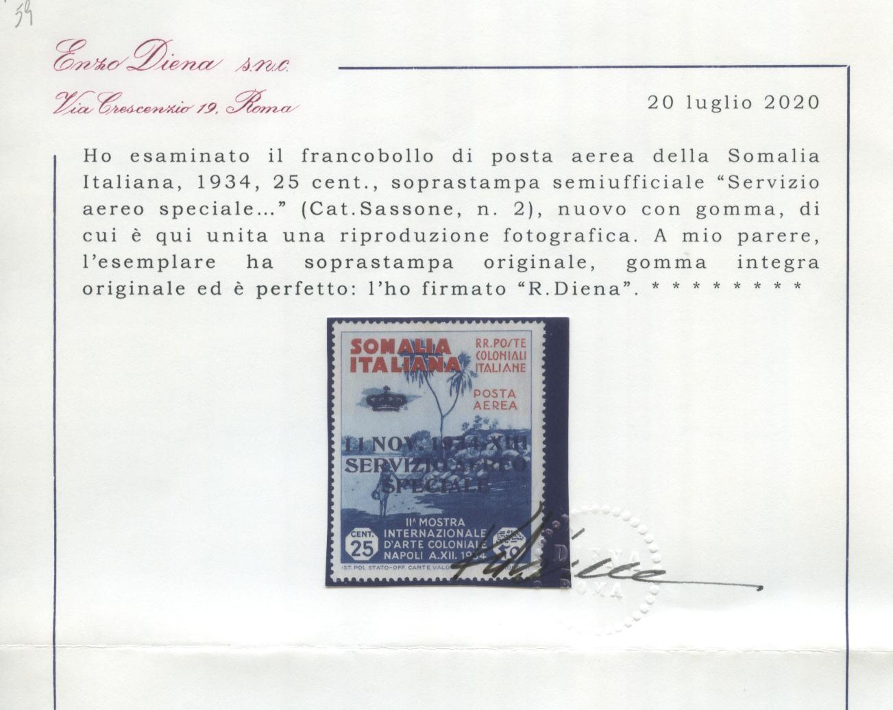 Scansione lotto: COLONIE SOMALIA 1934 SERV. AEREO 25C. 3 ** LUSSO CERT.