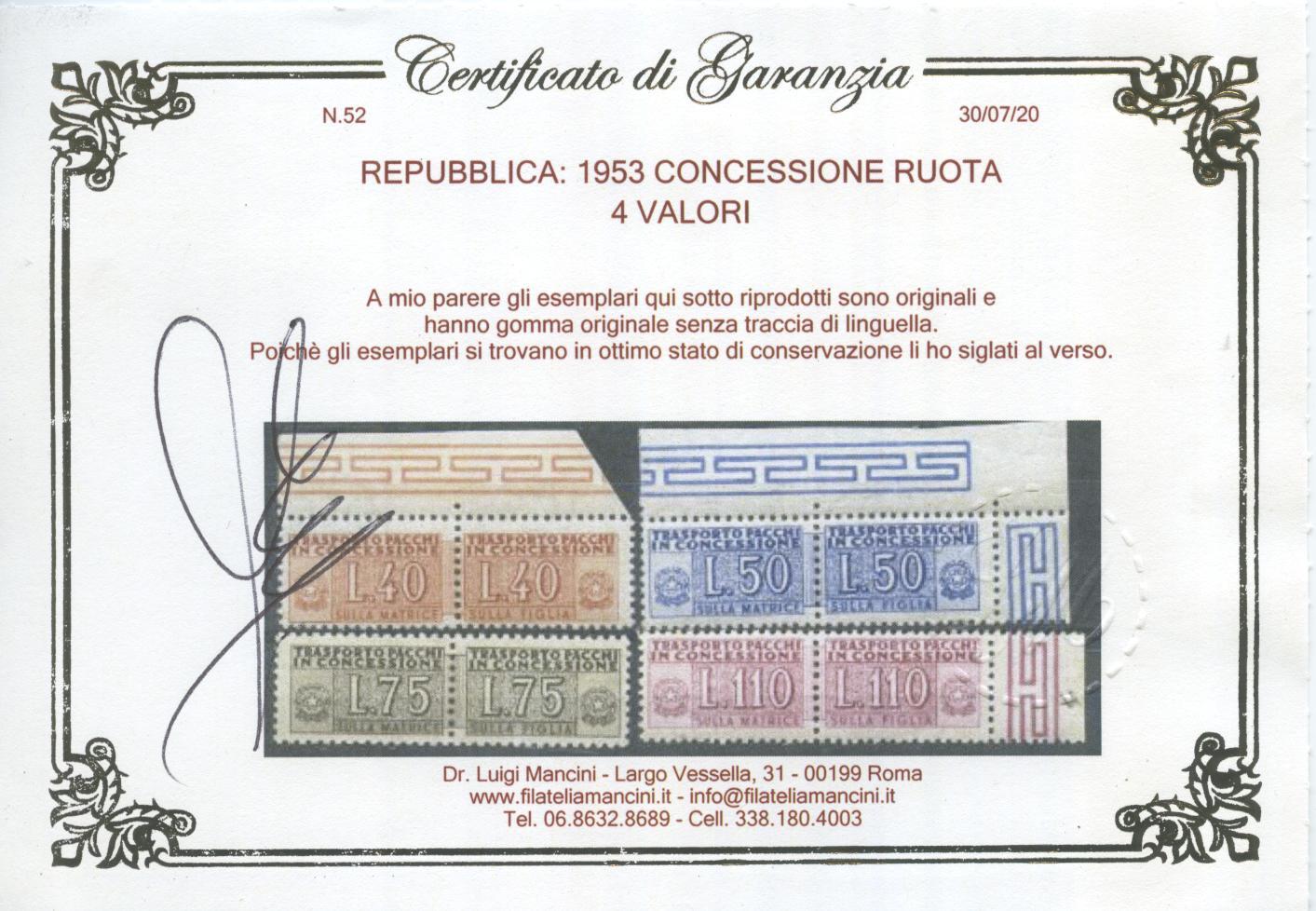 Scansione lotto: REPUBBLICA 1953 CONCESSIONE RUOTA 4V. 4 ** LUSSO CERT.