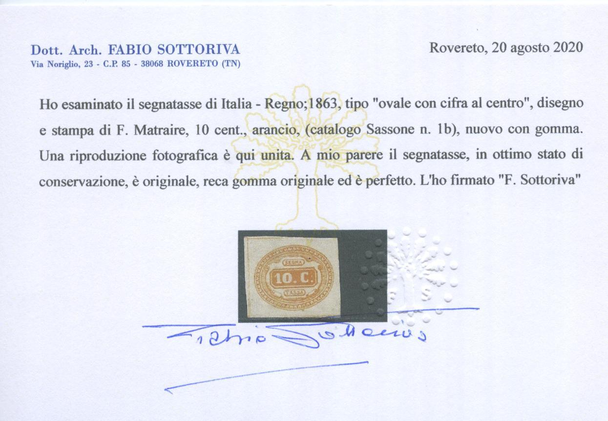 Scansione lotto: REGNO 1863 TASSE 10C. ARANCIO 2 *  CERT.