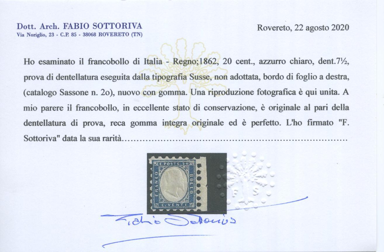 Scansione lotto: REGNO 1862 20C. DENT.7,1/2 **  CERT.