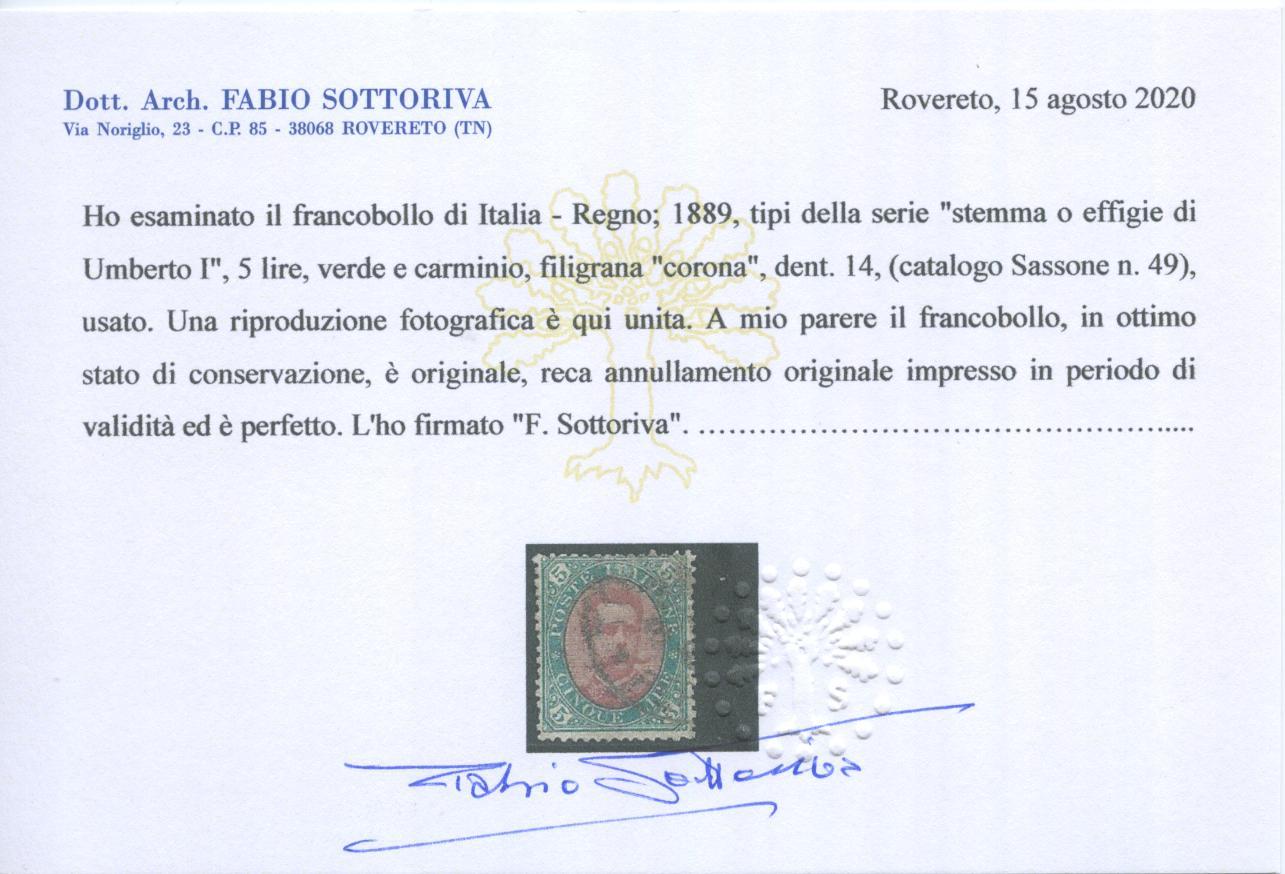 Scansione lotto: REGNO 1889 L.5 3 US.  CERT.