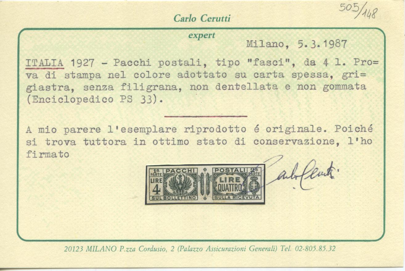 Scansione lotto: REGNO 1927/32 PACCHI L.4 PROVA **  CERT.