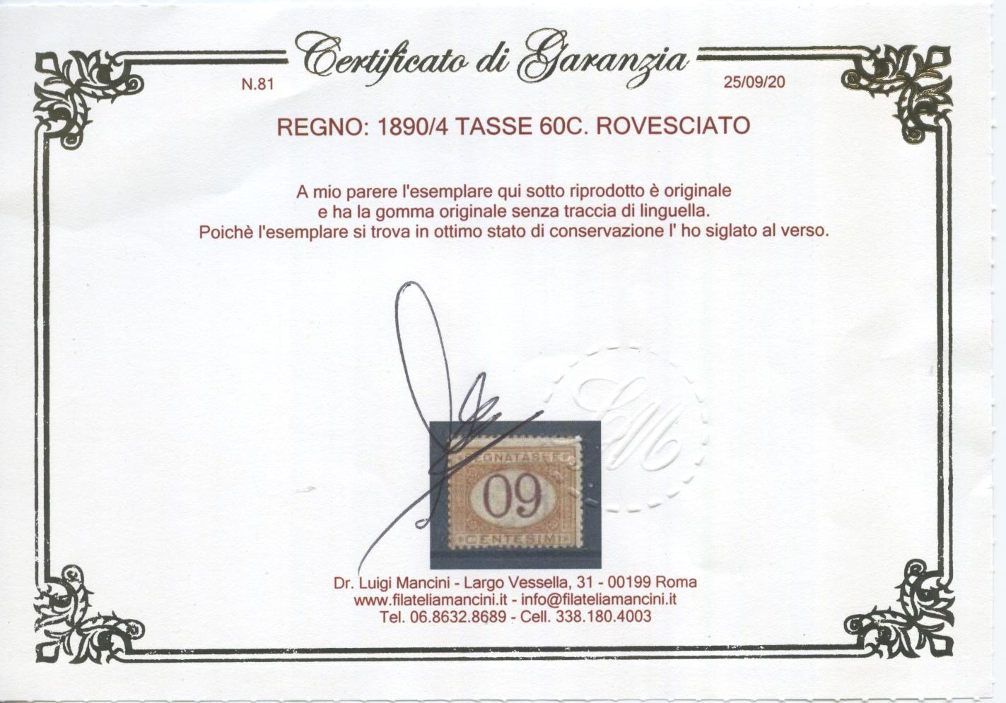 Scansione lotto: REGNO 1890/4 TASSE 60C. ROVESCIATO **  CERT.